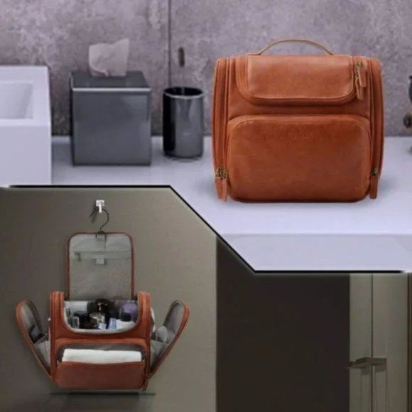 New Toiletry Bag, Travel PU Leather Hanging Hook, Brown - Picture 7 of 8